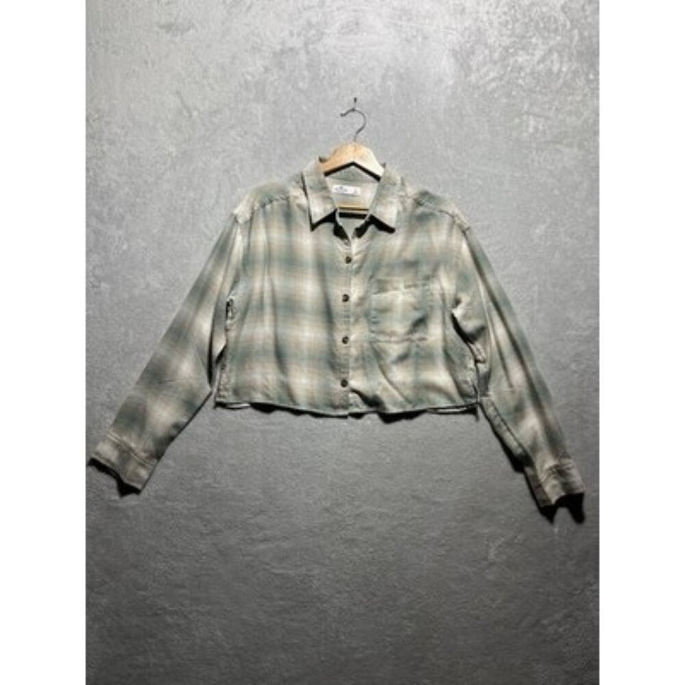 Hollister California Womens Small Green Tan Plaid Button-Up Crop Top Shirt